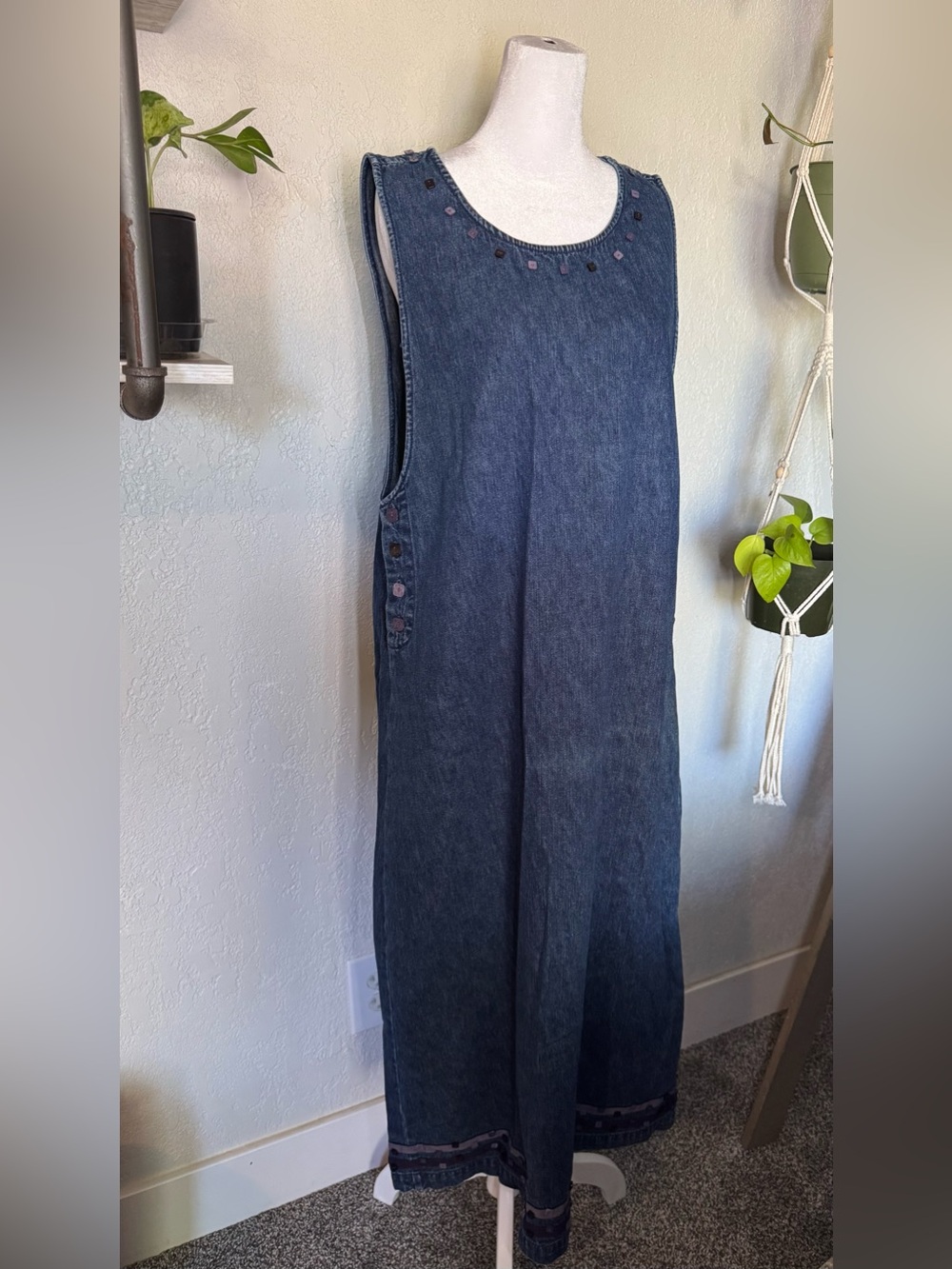 Christopher & Banks Dark Blue Denim Overall Dress with Button Accents